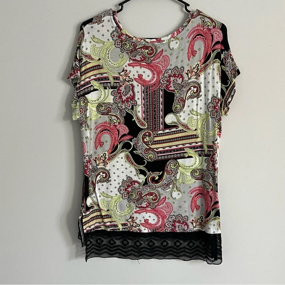Cato Black, Lime Green, Hot Pink Paisley Print Lace Hem Short Sleeve Shirt